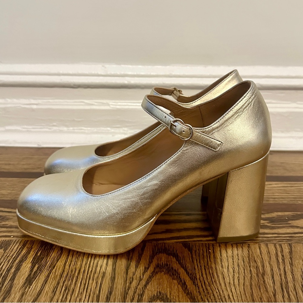 Minelli Gold Block Platform Mary Jane Heels (NWT)